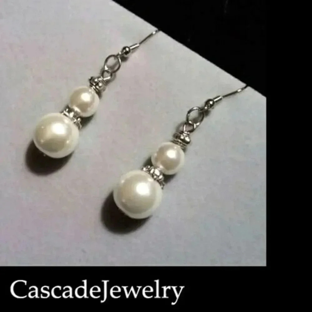 Handmade Long Glass Pearl Earrings Antiqued Silver Beads Creamy White